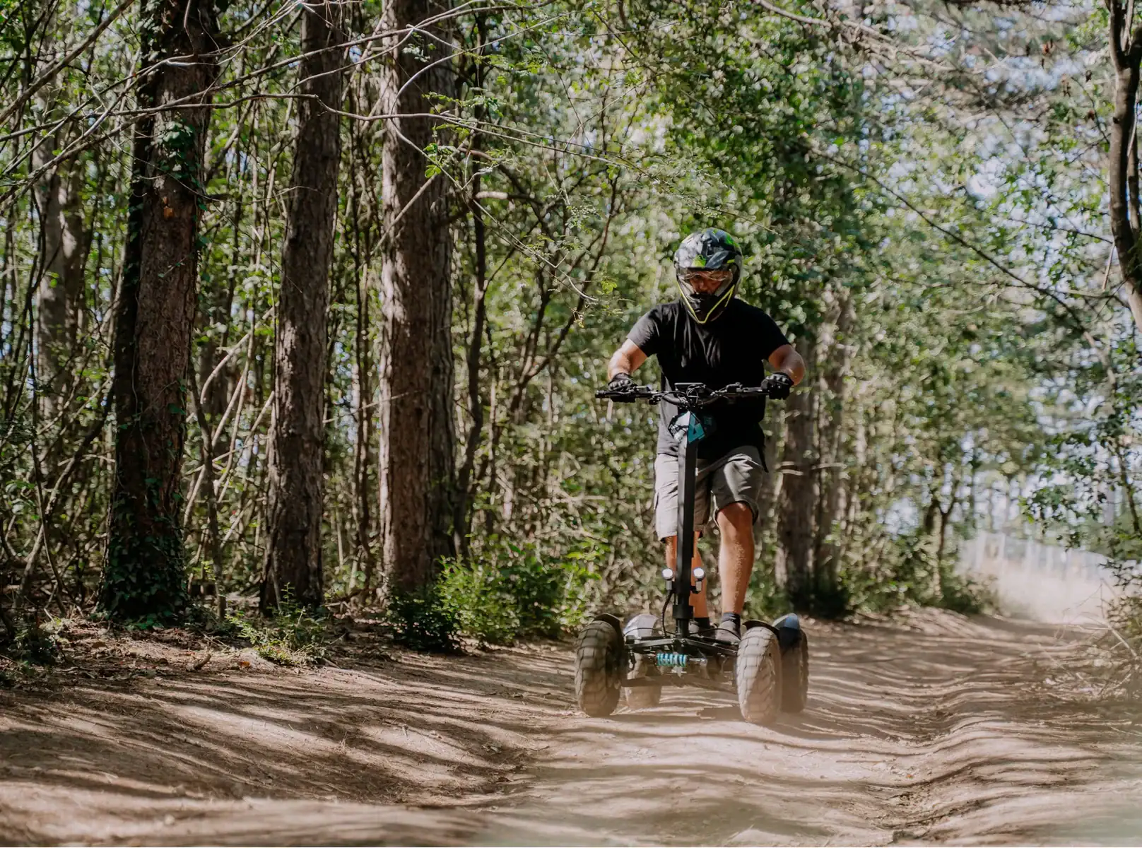 Shooting an extreme bike on a hilly forest road in Bulgaria.